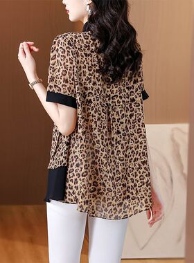 胖mm洋气遮肚子雪纺衬衫夏2025新款大码女装韩版时尚豹纹衬衣小衫