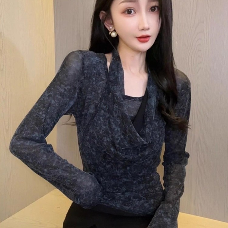 美式辣妹挂脖时髦高级感长袖衬衫2025新款独特修身显瘦内搭上衣
