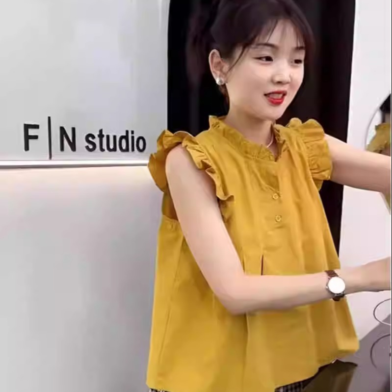木耳边小飞袖衬衫女夏季2025新款可盐可甜设计感宽松短款套头上衣