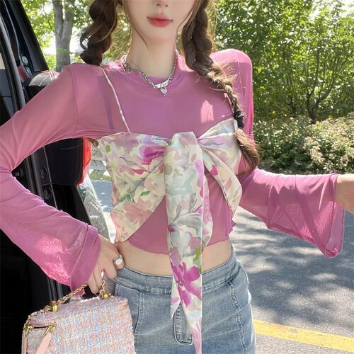 夏季蝴蝶结碎花防晒吊带两件套
