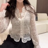 外套女秋冬设计感别致绝美短款 衬衫 蕾丝上衣 重工刺绣V领长袖 法式