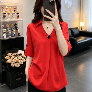 适合胖女人穿的遮肚显瘦短袖小衫2026很仙上衣大码夏洋气衬衫