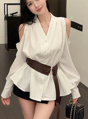 法式轻熟风气质V领露肩长袖衬衫女秋季大码胖mm收腰不规则上衣潮