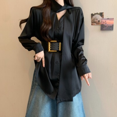 轻奢高级感挂脖V领黑色长袖衬衫女秋大码胖mm收腰中长款气质上衣