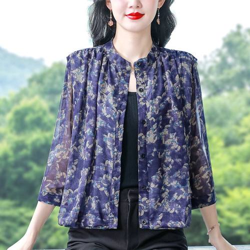 中年妈妈七分袖雪纺衬衫女士夏装短款防晒开衫外套宽松遮肚子上衣
