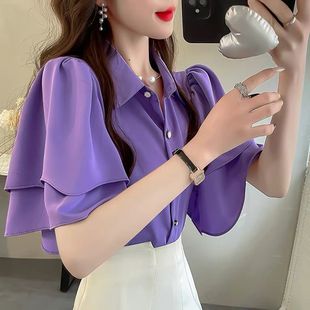 女氣質(zhì)顯瘦翻領(lǐng)襯衣仙氣荷葉邊短袖 夏季 新款 漂亮寬松襯衫 雪紡上衣