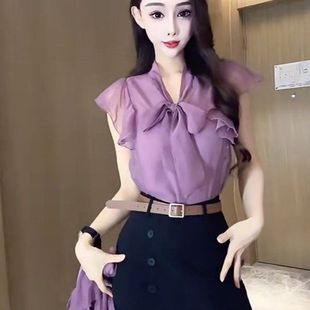 纯色百搭无袖 新款 荷叶边飞飞袖 小衫 甜美蝴蝶结雪纺衫 法式 2025夏季