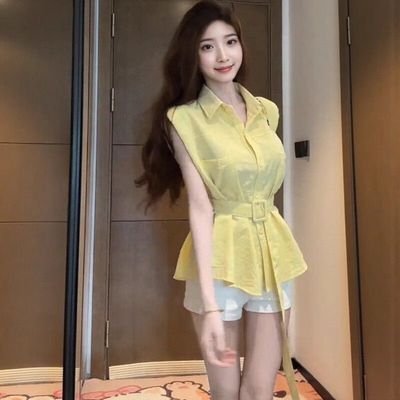韩系超仙气质polo领无袖衬衫女装夏季新款小众设计感别致收腰上衣