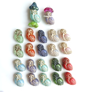进口捷克复古猫头鹰造型竖孔琉璃珠 14mm手工手作耳环散珠材料