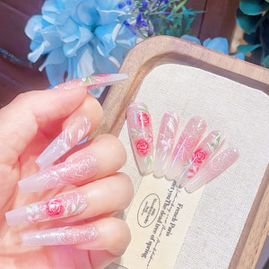 高端手工定制纯手绘水彩绘画玫瑰花蝴蝶超长细狗梯形欧美风美甲贴