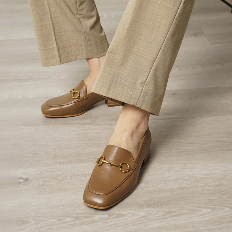 「断码福利」复古英伦风方头两穿马衔扣中跟乐福鞋女