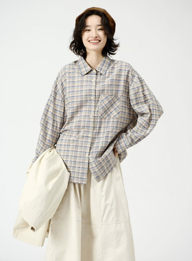 讠木女装2026春款新衬衫36025 休闲文艺宽松日系小格子长袖衬衫女