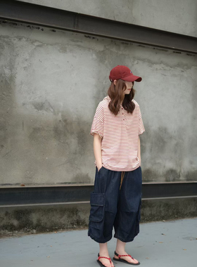 讠木2026春夏款新短袖T恤36177 休闲文艺宽松日系连帽条纹短袖T恤