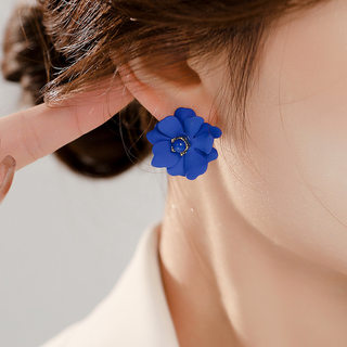 直播爆款蓝色花朵小众耳钉潮银针高级感气质耳饰耳环清新