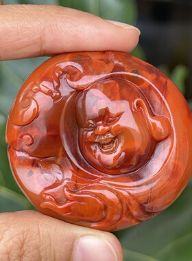 天然原矿南红玛瑙雕刻件弥勒佛挂坠吊坠手把件满肉满色柿子红老料