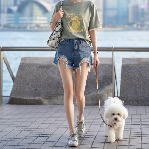 破洞牛仔短裤女夏小个子高腰显瘦