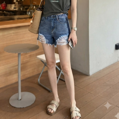 复古牛仔短裤女夏破洞毛边热裤