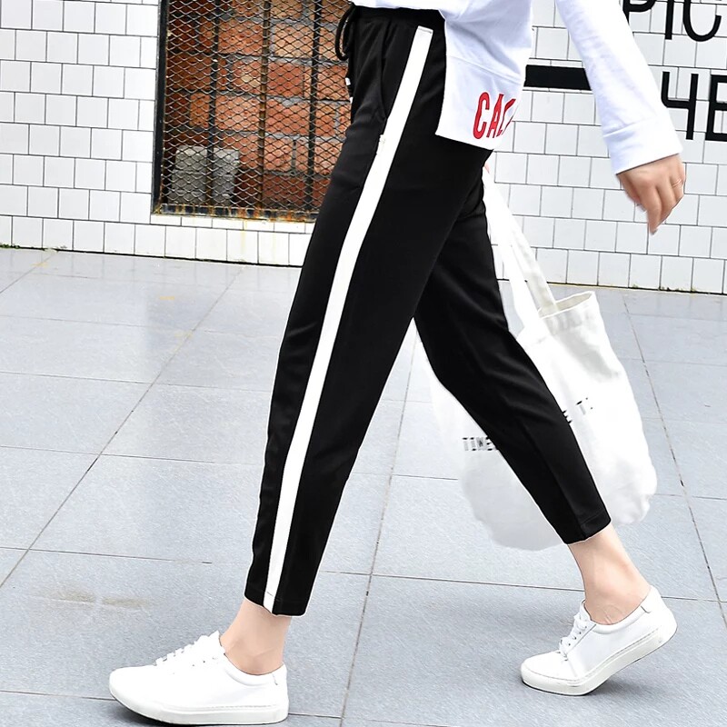 黑色运动裤夏季女九分裤宽松大码显瘦校服裤小个子松紧腰休闲裤