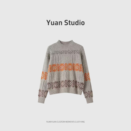 【YUAN】牦牛绒混纺秋冬季复古提花撞色圆领长袖255130