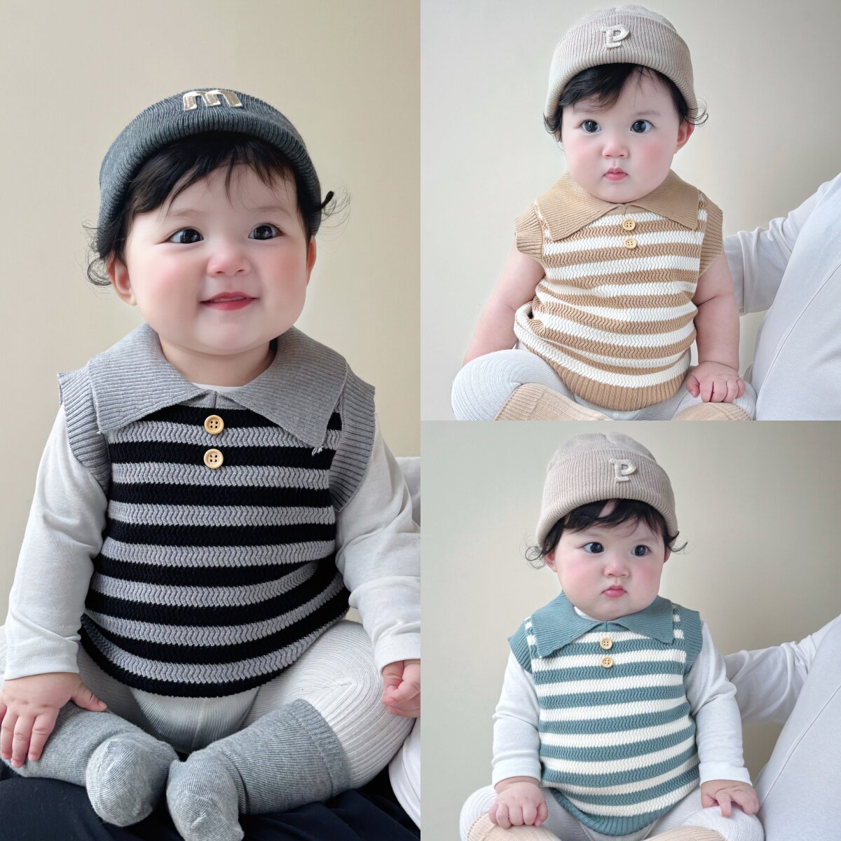 婴儿马甲春秋男宝宝Polo翻领条纹马夹针织线衫保暖小背心坎肩百搭