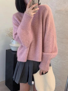 高级感软糯金丝浣熊绒圆领粉色毛衣女秋冬季慵懒灯笼袖打底羊绒衫