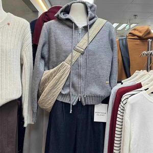 LEAVES叶子家2024年秋冬季高级感双向拉链设计羊绒连帽抽绳开衫女