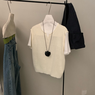 半开领假两件撞色显瘦针织衫女