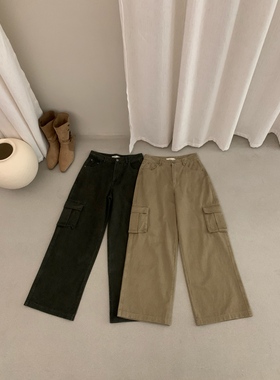 LEAVES美式复古工装加绒休闲裤女2025冬新款高腰显瘦直筒阔腿裤子