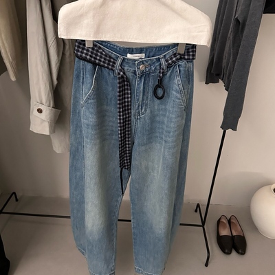 绿色皮带弯刀宽松牛仔裤女显瘦