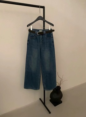 LEAVES叶子家韩版加绒水洗做旧牛仔裤女2025冬季新款宽松显瘦长裤