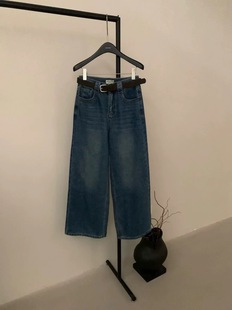 LEAVES叶子家韩版加绒水洗做旧牛仔裤女2025冬季新款宽松显瘦长裤