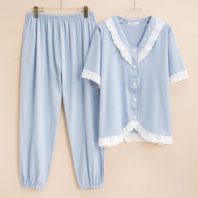 2025清新法式睡衣女新款夏加肥加大码家居服女士V领套装胖MM