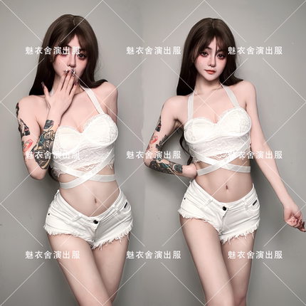 新款酒吧夜店gogo演出服女团DJ领舞服DS性感辣妹挂脖白色爵士舞服