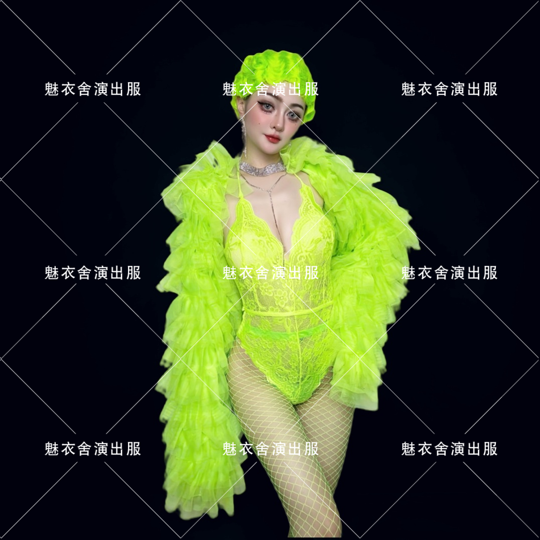 酒吧舞台GOGO荧光绿色蕾丝连体复古透视性感夸张蓬蓬袖炸场演出服