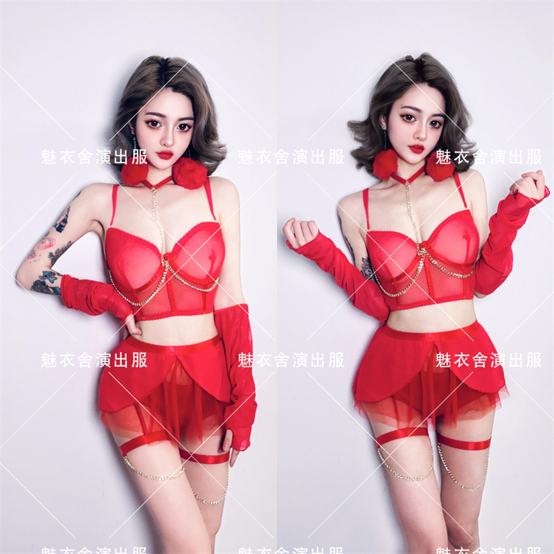 网纱新款红色套装性感链条演出服