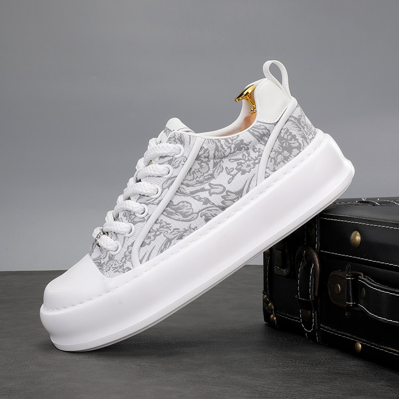 白色男鞋春季中国风印花透气系带低帮休闲帆布鞋男款厚底增高鞋子