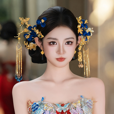 中式新娘发饰古风蓝色布艺手工花朵喜字长条吊坠流苏简单造型发饰