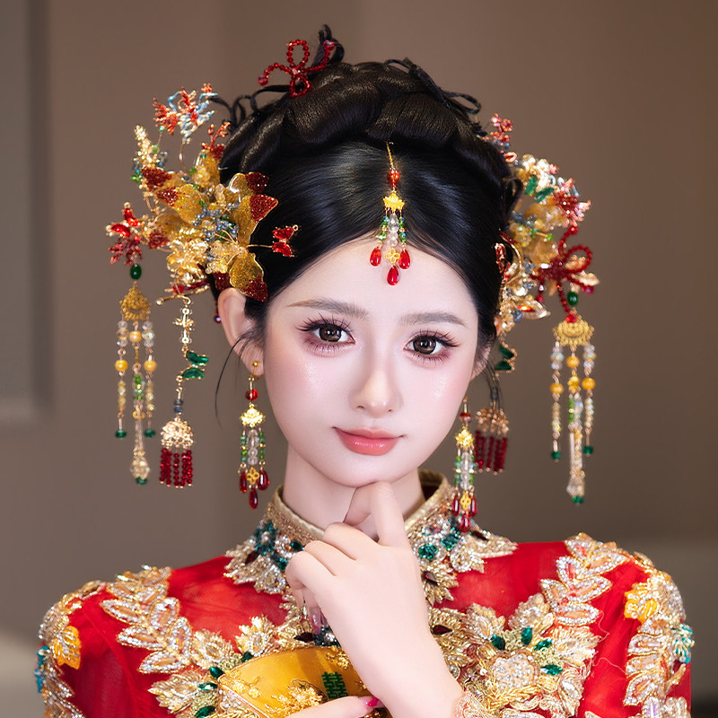 中式新娘发饰立体花朵串珠蝴蝶结多色系眉心坠婚礼秀禾服古典头饰