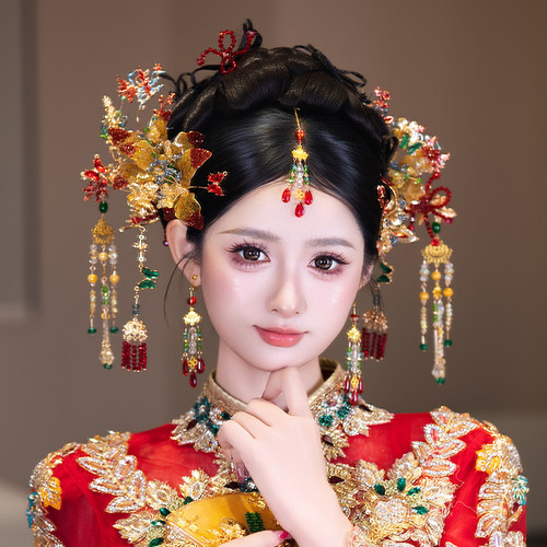 中式新娘发饰立体花朵串珠蝴蝶结多色系眉心坠婚礼秀禾服古典头饰