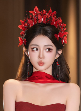 红色系新娘发饰复古精致水凝胶绢纱饱满蝴蝶发箍轻婚纱敬酒服配饰