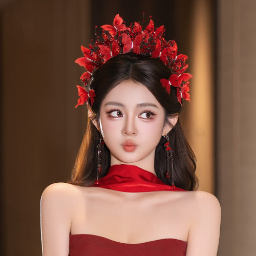 红色系新娘发饰复古精致水凝胶绢纱饱满蝴蝶发箍轻婚纱敬酒服配饰