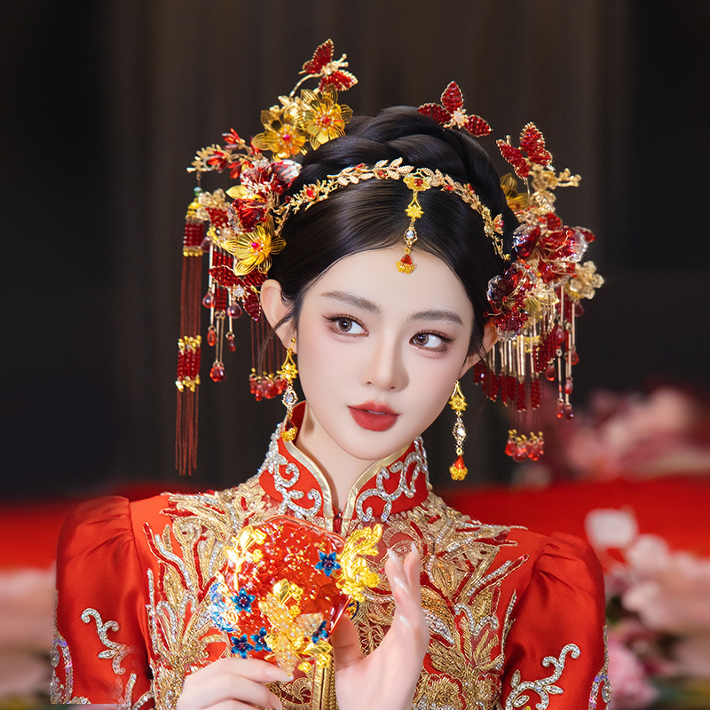 网红同款新娘头饰中式婚礼手作奢华秀禾服仙美金红色重工汉服发饰