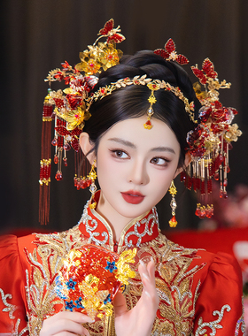 网红同款新娘头饰中式婚礼手作奢华秀禾服仙美金红色重工汉服发饰
