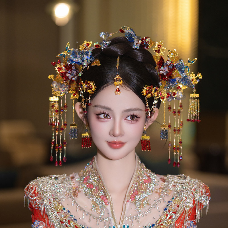 新娘重工古风头饰新款高端新中式红色流苏国风结婚秀禾服发饰套装