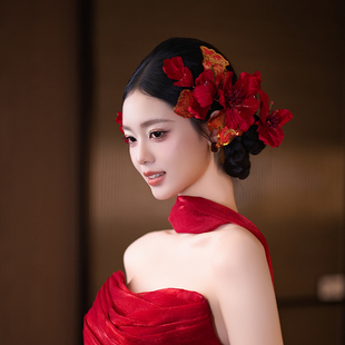 新娘复古纯欲红色仿真花发饰新中式晨袍马面裙仙美配饰旗袍古典女