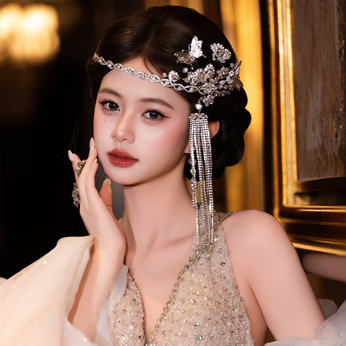 法式新娘盖茨比头饰高级感敬酒服蝴蝶流苏手工跟妆婚纱礼服配饰品