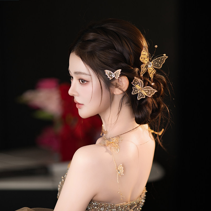 氛围新娘轻奢蝴蝶发夹新款温柔手作小众甜美造型礼服婚纱晨袍发饰