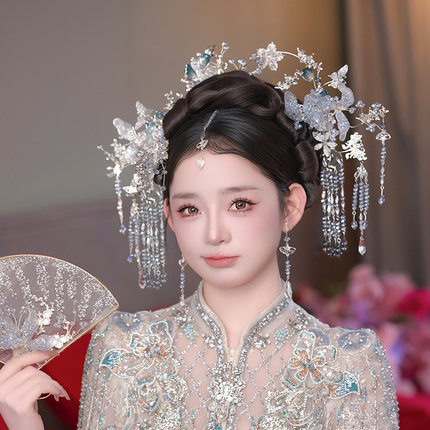 新娘头饰中式减龄古装银蓝色热缩花朵发簪秀禾服结婚礼服旗袍配饰