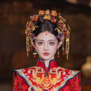 新娘手工中式秀禾头饰红蓝撞色蝴蝶花朵发簪结婚礼服龙凤褂发饰品