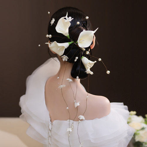 新娘发饰韩系唯美手工仿真马蹄莲花朵后区婚礼温柔婚纱时尚配饰品